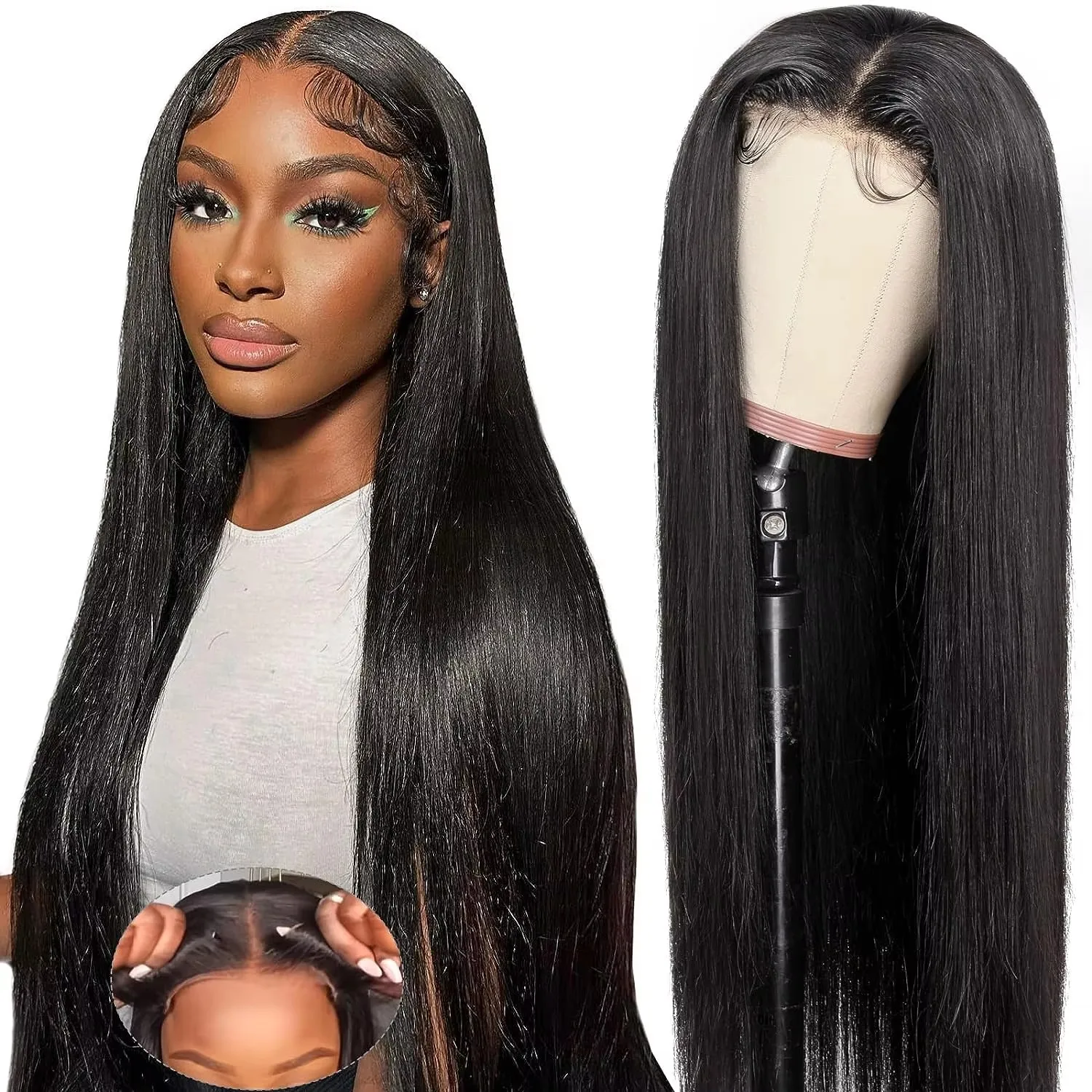 13x4 Bone Straight Lace Front Glueless Wigs Pre Plucked Human Hair 7x5 Ready to Wear Transparent Pre Cut Lace Closure Wigs 38IN