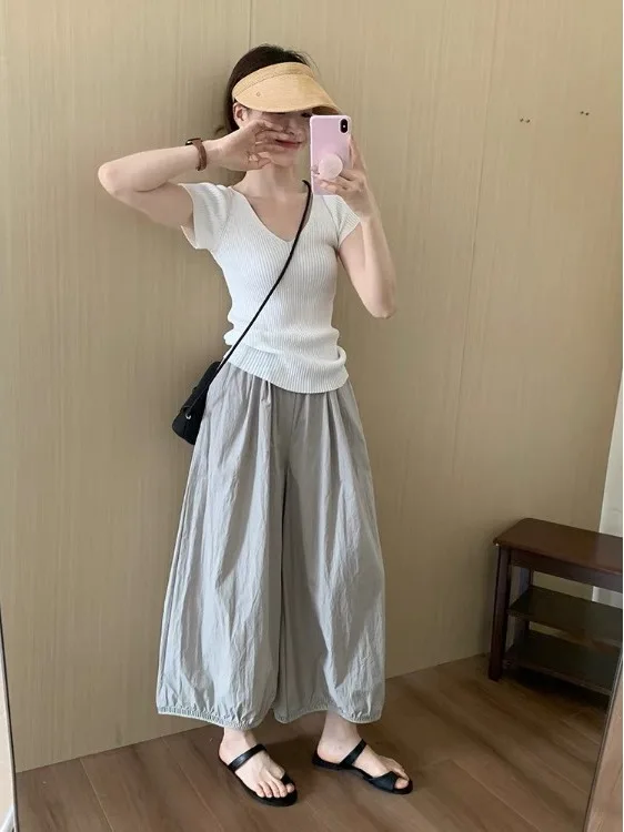 Laid-ba Japanese Sle Nine-Foot Pants Women's Summer Hollow Lace Casual Thin Balloon Pants Qui Dry Wide Leg Lantern Pants