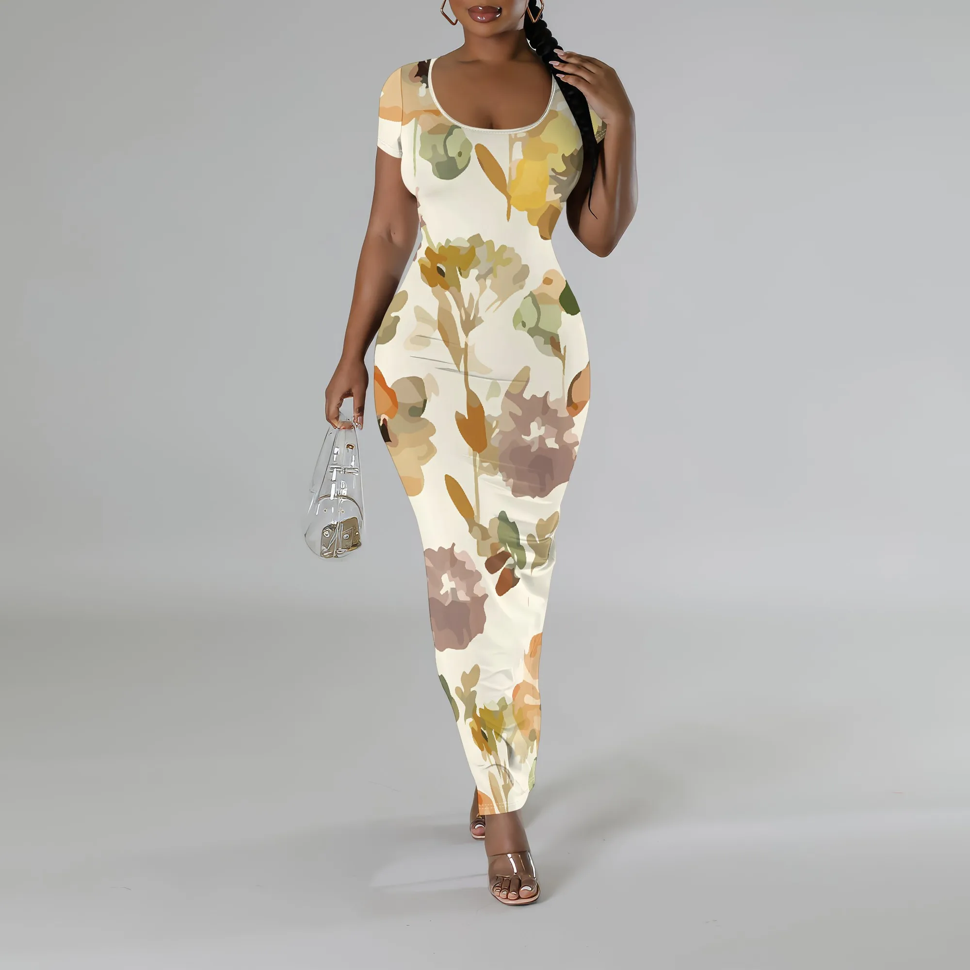 

Nupusa Colorful Floral Print Bodycon Dress for Women U-Neck Short Sleeve Summer Casual Maxi Dress