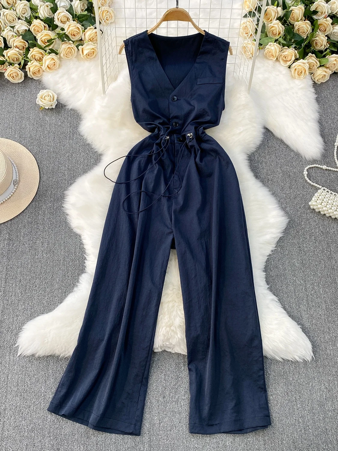 

Slimming Wide Leg Pants Dr Dstring Waist V Ne Svel Commute Sle High Waist Long Pants Women's Faion