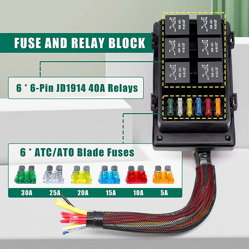 24V 12V Relay Box 6 Way Relay Fuse Box 12 AWG Pre-wired Waterproof Relay Box 6 Slot ATC/ATO Fuse Relay Block for Car Marine