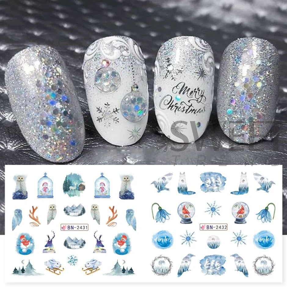 12pcs Winter Forest Styling Water Stickers For Nail Gradient Snowflake Bird Elk Design Xmas Manicure Charm Sliders LYBN2425-2436