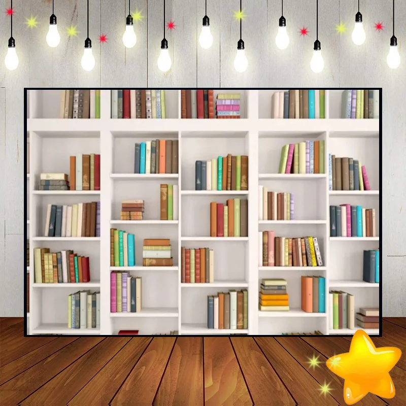 Bookshelf Wooden Party Office Photo Background Banner Custom Birthday Backdrop School Books Wallpaper White Decoration Library