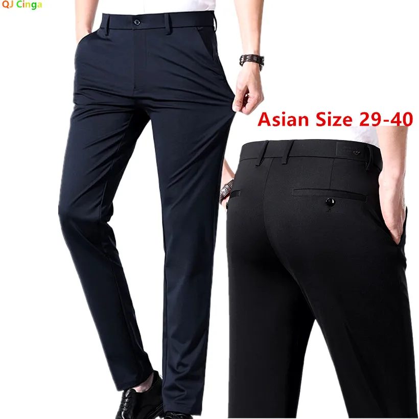 Black Men's Slightly Elastic Suit Pants, Thin Quick Drying Trousers, Summer Cool Feeling Business Pant, Asian Size 29-40