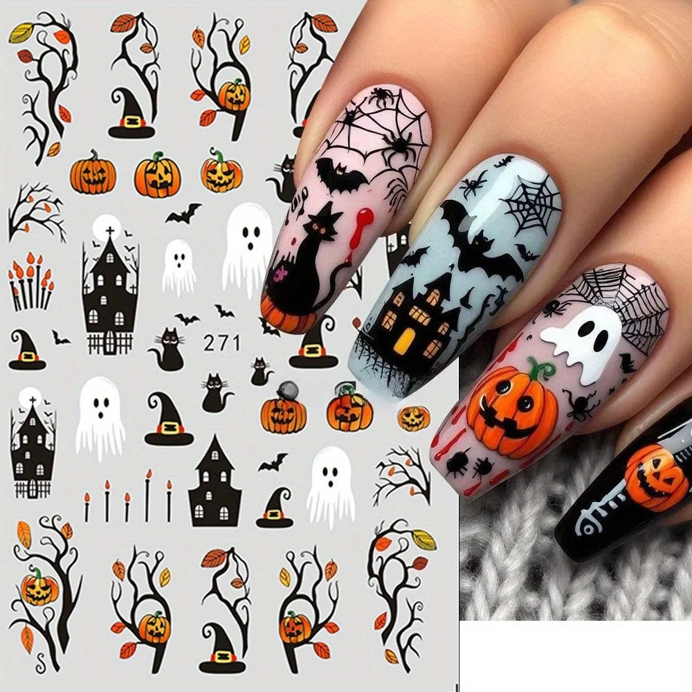 4 Blatt Cartoon-Nagelaufkleber – Selbstklebende Nagelkunst-Aufkleber mit Geister- und Katzenmotiv für Party, Halloween-Maniküre und DIY-Nageldekoration