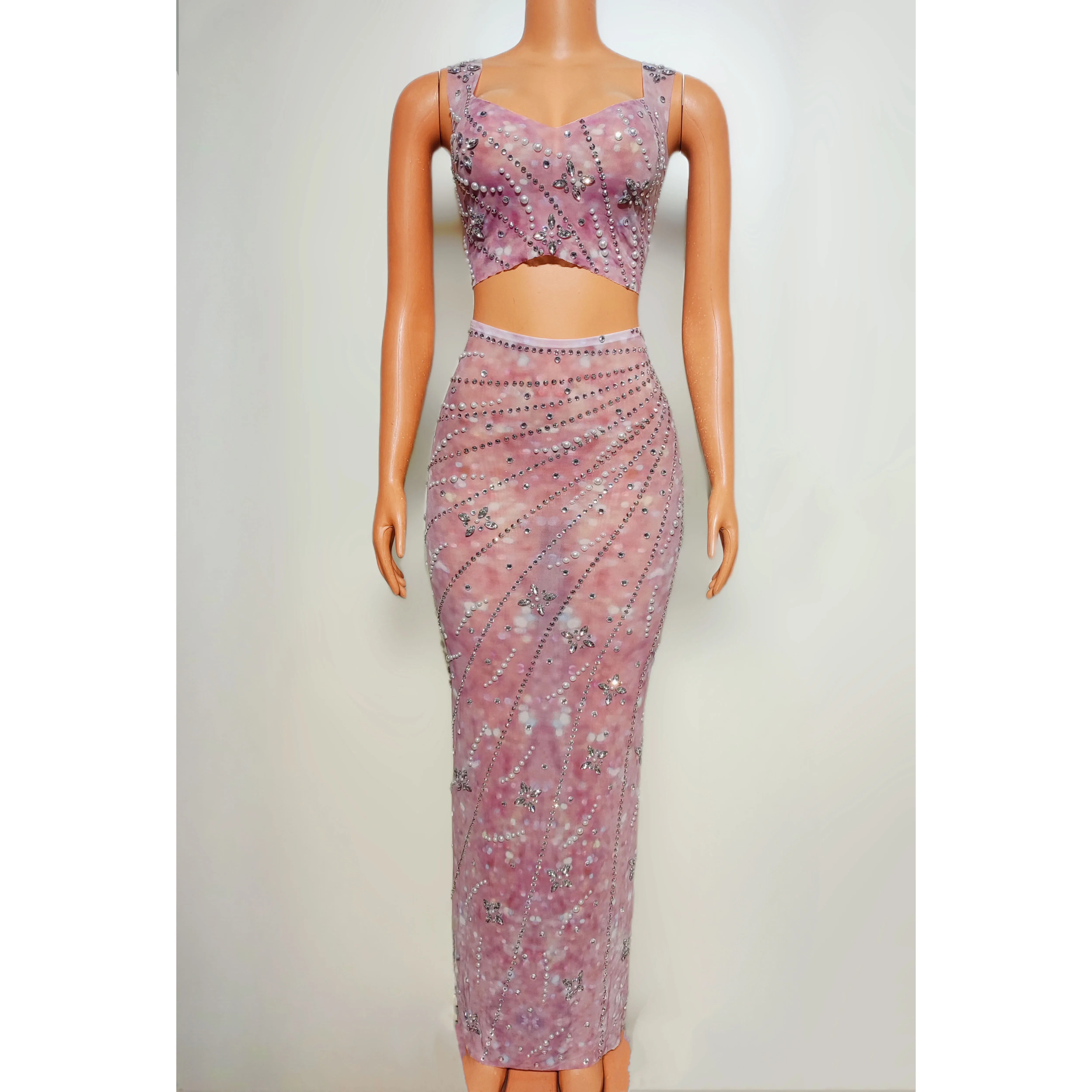 2025 Woman Gogo Dancer Dress Pearl Rhinestone Crop Top Slim Dresses Festival Party Costume Dancehall Queen Outfit Stage Wear yk