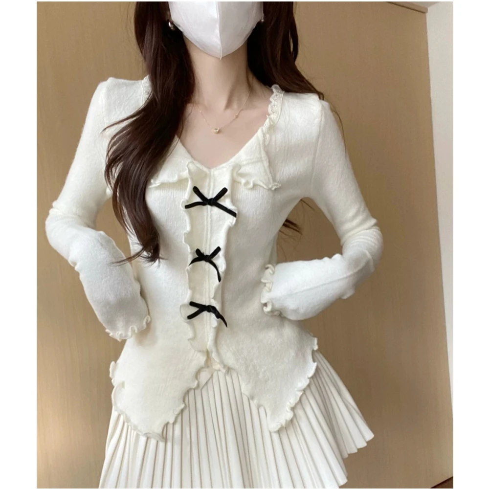 

Fairy Women V-Neck Knitwear Ruffle Edge Butterfly Knot Spring Autumn Waist-Cinching Split Inner Wear Base Shirt Top Pullover