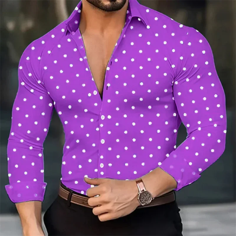 Hawaiian men\'s shirt small polka dot lapel long sleeve shirt luxury high quality clothing designer design stylish casual