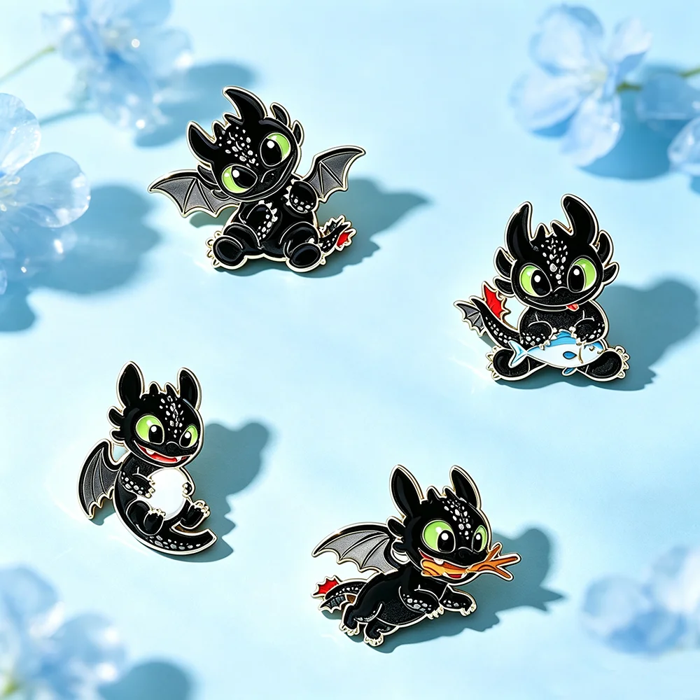 4個入りのかわいい黒いドラゴンのエナメルピンセット。漫画風の - Brooch Pin Gold のレビューと価格