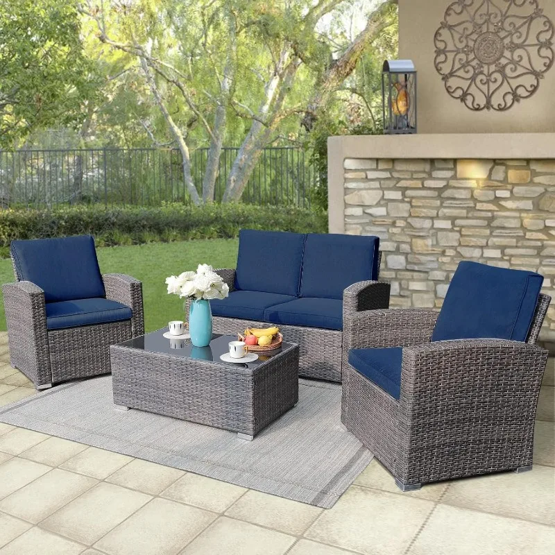 4 Piece Outdoor Patio Furniture Set, All-Weather Wicker Patio Conversation Set, PE Rattan Loveseat Sofa Chair Set