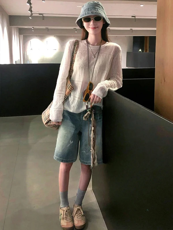 Retro American Splashed Ink Wide Leg Five-Quarter Jeans Women's Summer New Thin Straight Loose Shorts Casual High Waist Denim