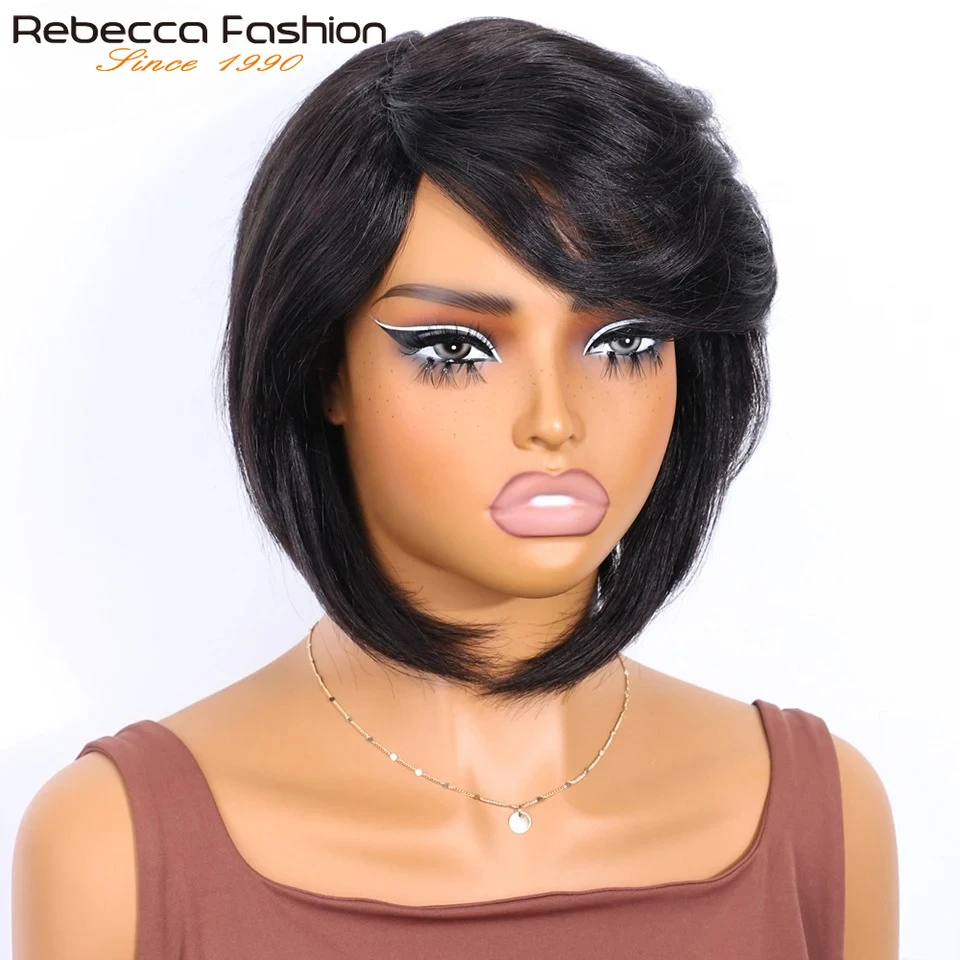 Rebecca Brazilian Short Straight Bob Human Hair Wigs With Bangs Full Machine Made Side Part Bob Human Hair Wigs For Black Women