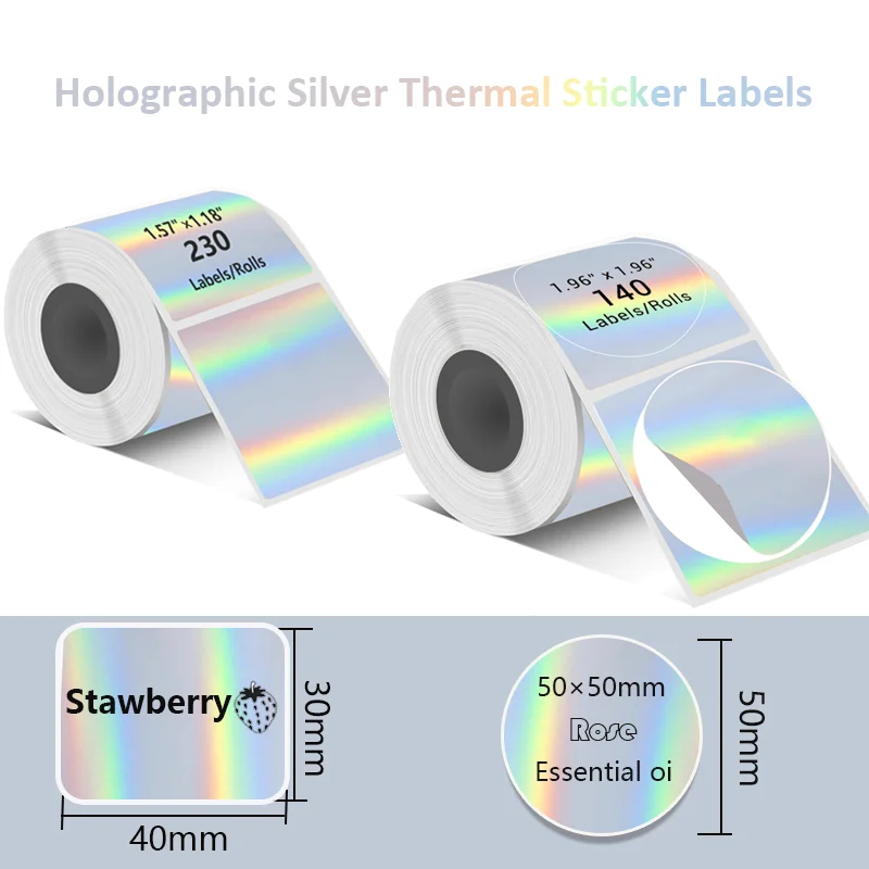 Label Stiker Termal Perak Holografik Perekat Tahan Air Metalik untuk Printer M110/M221 Kemasan Ritel, Pencitraan & Hadiah