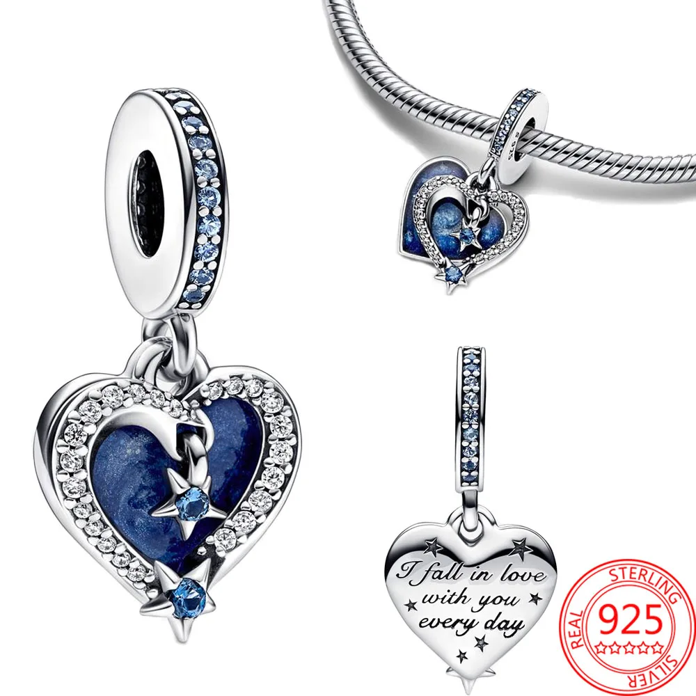 Hot Sale Real 925 Sterling Silver Blue Celestial Shooting Star Heart Double Charm Fit DIY Bracelet Necklaces Jewelry