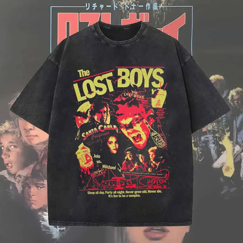 حمض غسلها تي شيرت الأفلام القديمة الكلاسيكية من 1980s The Lost Boys الجرافيك تي شيرت الرجال النساء الشارع القطن الإناث الذكور الملابس #2