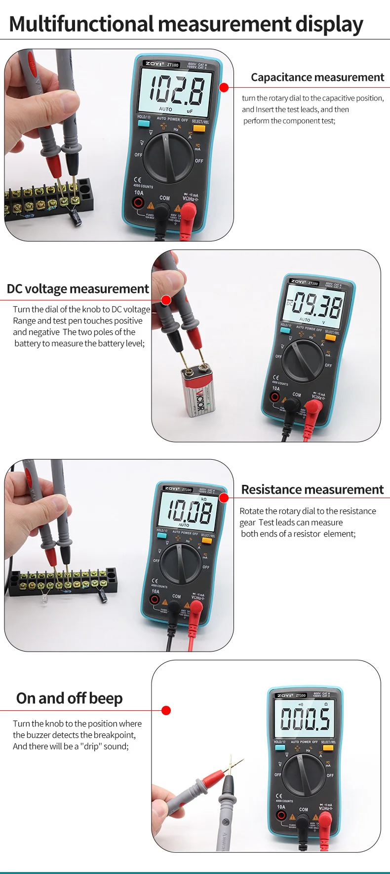 Zoyi zt100 4000 zählt digital multimeter esr meter tester automotive elektrische dmm transistor peak tester kapazitäts messer – Detail 3
