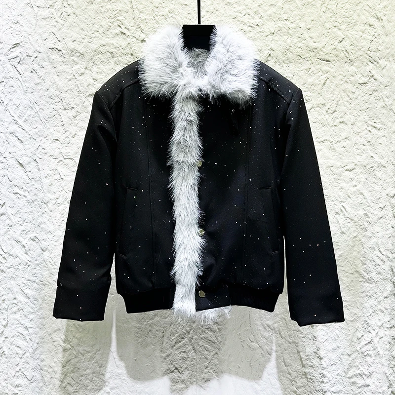 2025 남성용 겨울 신상 따뜻한 양면 착용 개성 디자인 인조 모피 칼라 재킷 남성용 시크 플러시 파카 아우터웨어 코트