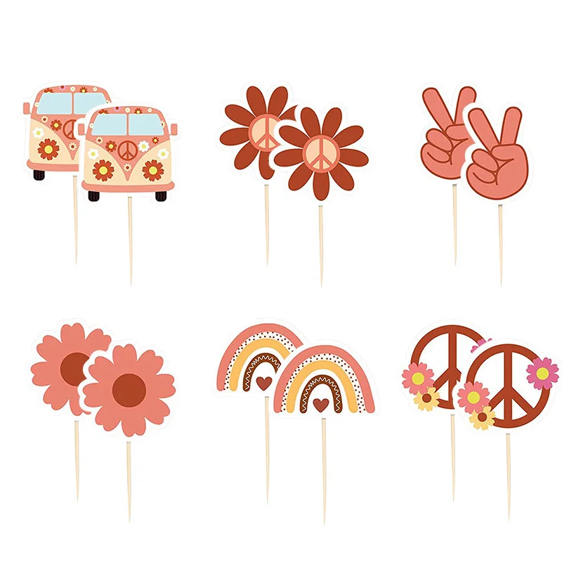 12pcs/lot Bohemian Flower Rainbow Bus Cake Topper Hippie Cupcake Toppers for Groovy Birthday Bohemian Party Decorations Supply