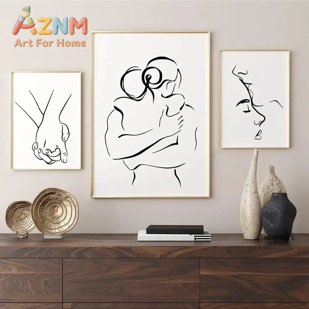 AZNM Couple One Line Art Canvas Wall Art Abstract Minimalist Lovers Hug Hand Holding Sketch Art Print Unframed Canvas Poster for