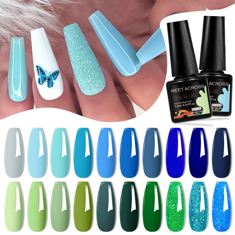 

MEET ACROSS 7.3ml Blue Green Gel Nail Polish Spring Summer Glitter Semi Permanent UV Gel Varnish Nail Art Design For Manicure