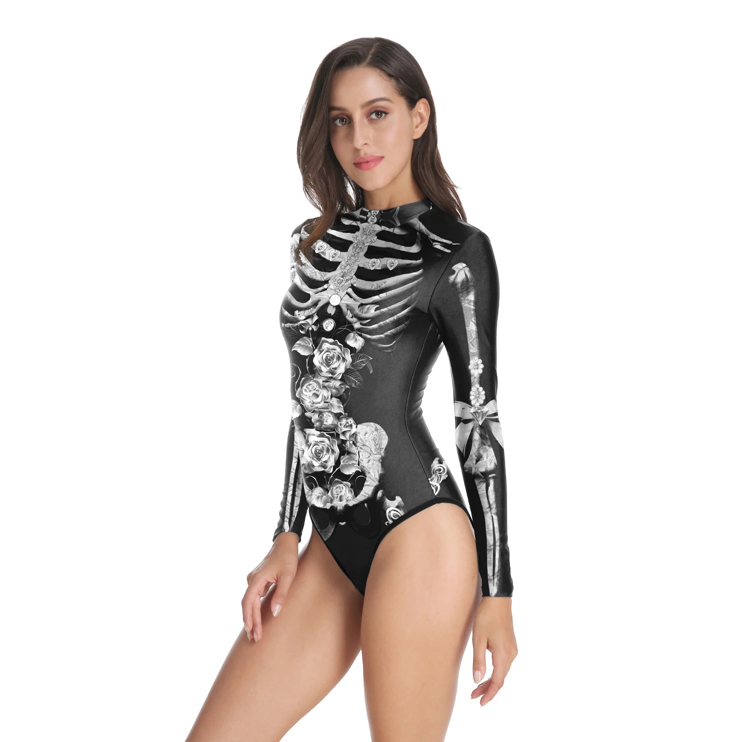 Zawaland Cosplay Rose Skeleton Printed Costume Jumpsuits Halloween Long Sleeve One Piece Swimwear Carnival Women Zentai Suits