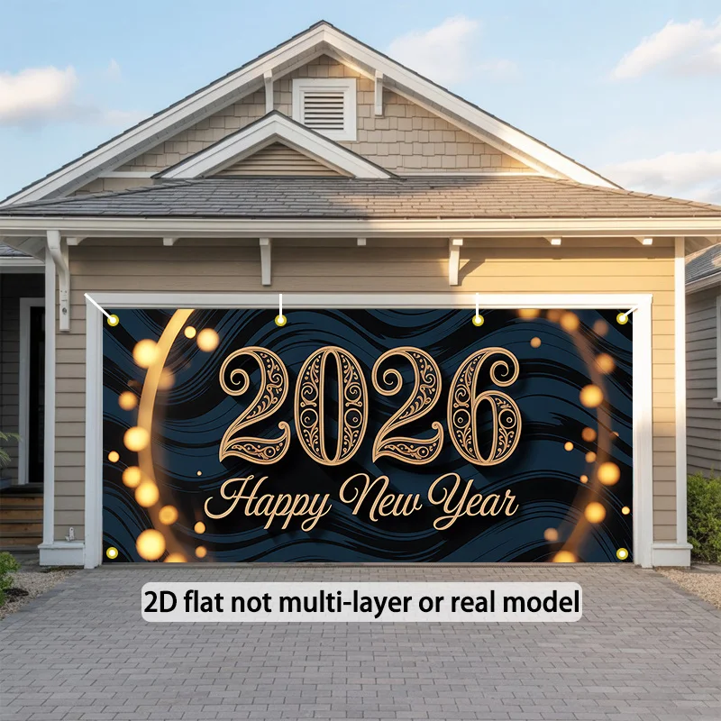 خطة ثنائية الأبعاد، قطعة واحدة من علم باب السنة الجديدة السعيدة لعام 2026 - مصممة في عطلة الذهب والأزرق مع الألعاب النارية