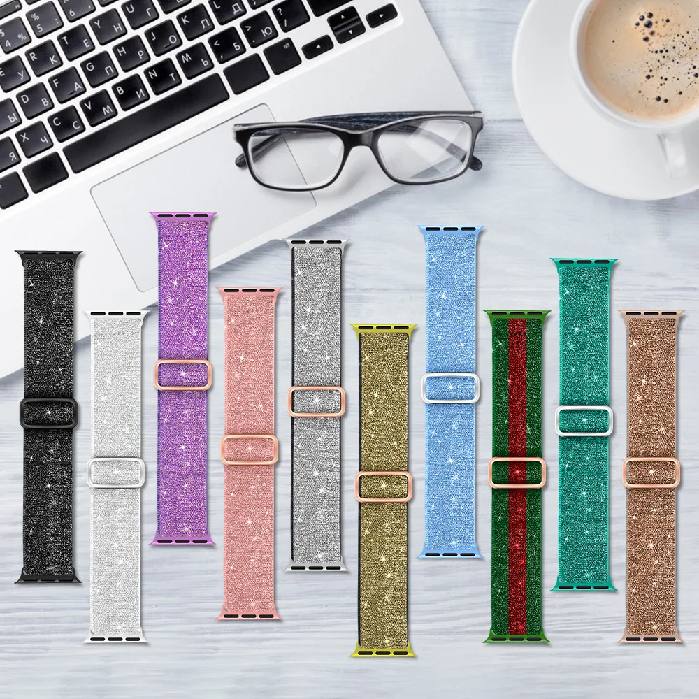 Bohemian Nylon Strap for Apple Watch ultra 2 49mm 42 45mm 38/40/41/44mm Elastic Shiny Bracelet iWatch Series 10 9/8/7 6 5 4 3 SE