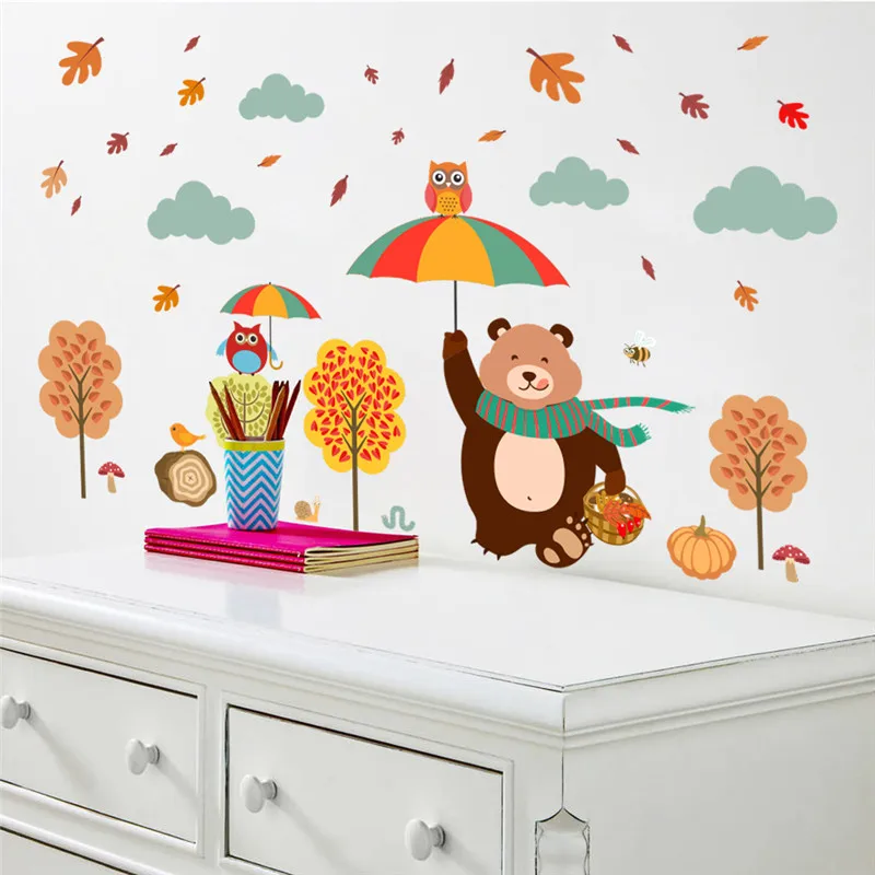 Lovely Owlet Bear In Umbrella Wall Sticker For Kids Room Decoration Cartoon Safari Mural Art Diy Home Decal Animals Poster