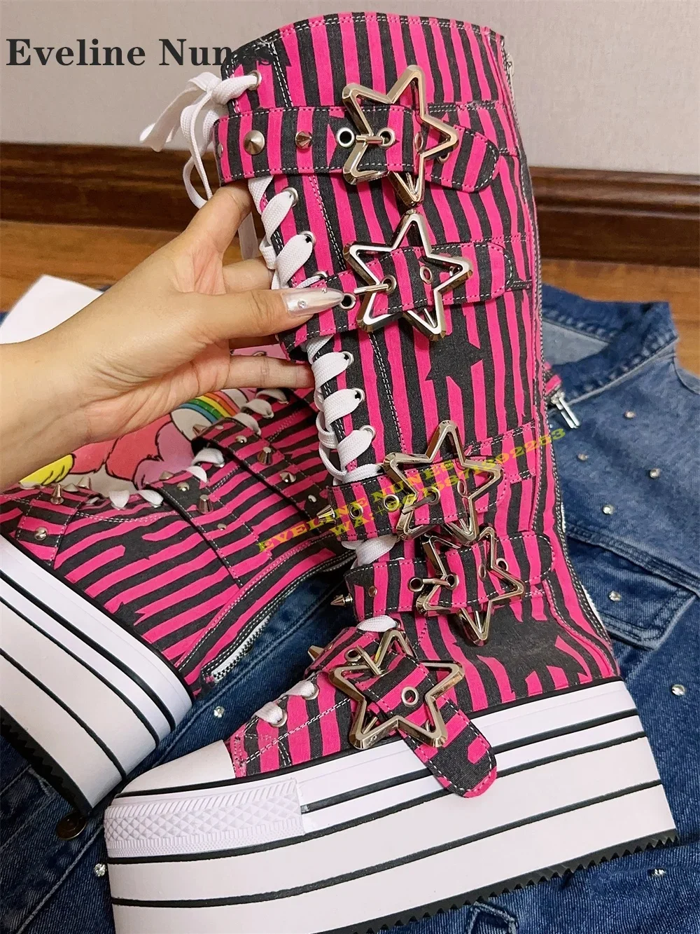 Platform Cross Tied Canvas Fashion Modern Boots Round Toe Height Increasing Metal Star Buckle Mixed Colors Knee High Boots 2024