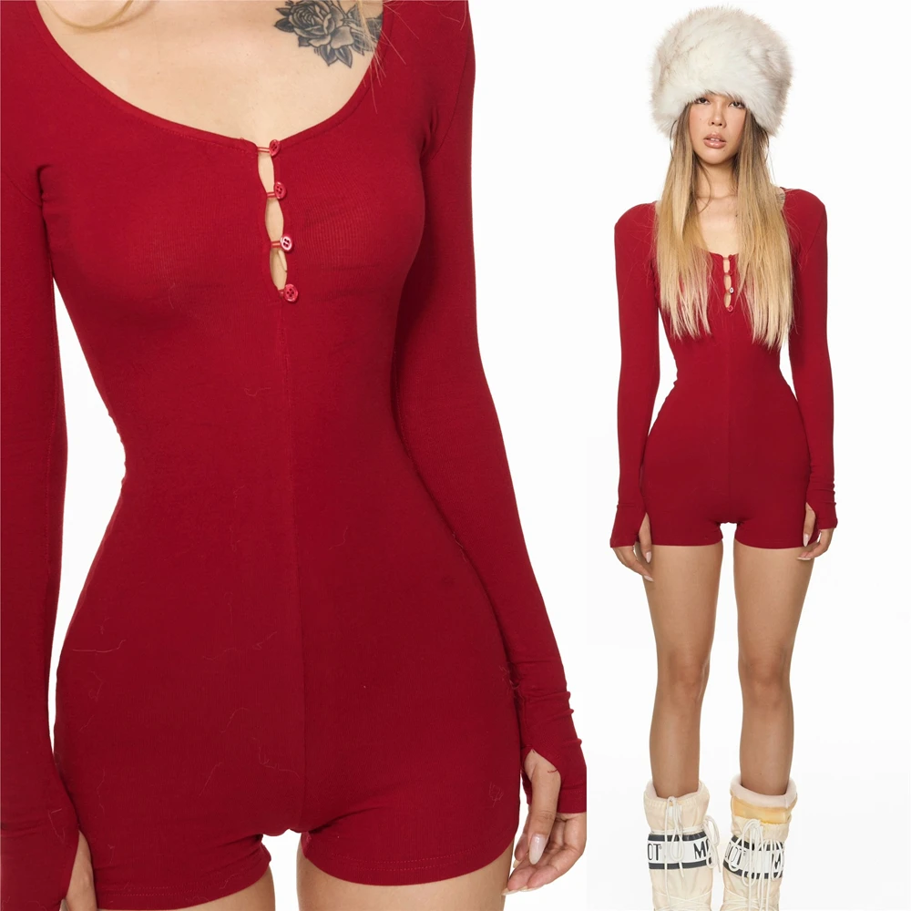 

Женские комбинезоны для йоги с длинными рукавами, на пуговицах, облегающие, эластичные, цельные, короткие комбинезоны-ромперы, сексуальная домашняя одежда для женщин, с застежкой для большого пальца