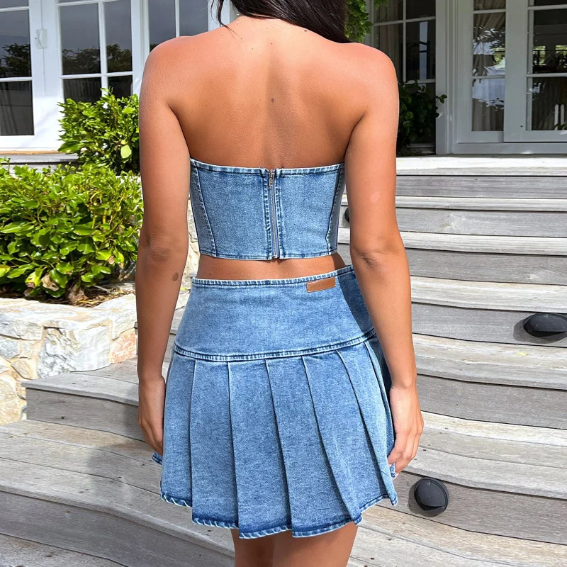 Summer Tube Top Denim Suit for Girl, Sleeveless High Waist Split Skirt, Sexy Bare Midriff, NewSU3289