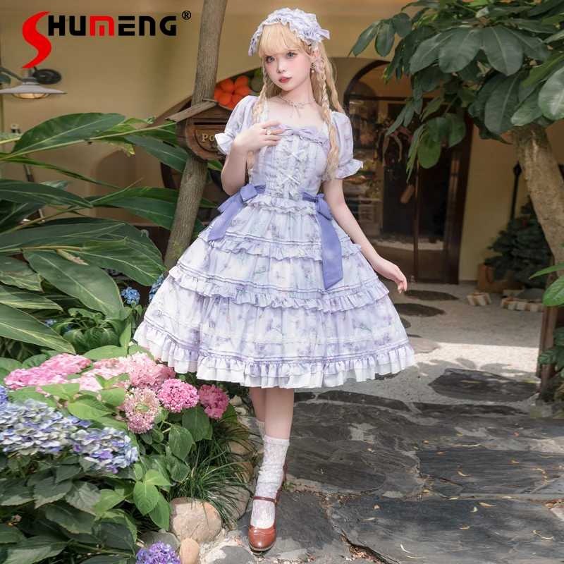

Original Lolita Princess Tea Party Purple Short Sleeve Dress Op Sweet Girl Cute Bow Print Cla Short Dress Summer Elegant Dress