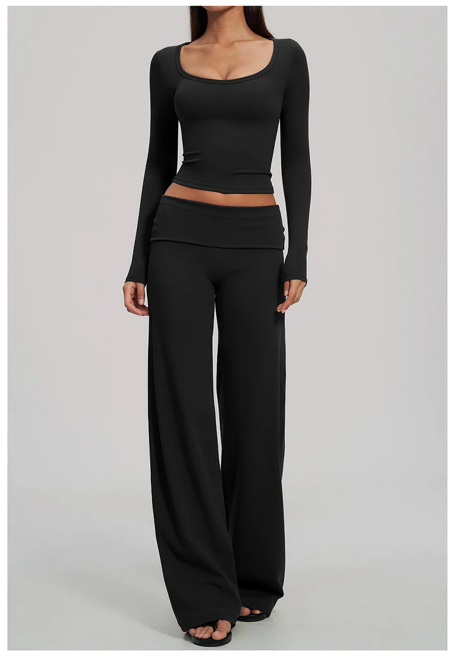2-teiliges Yoga-Set für Damen, Langarm-Fitness-Oberteil, Trainingsanzug, Sportbekleidung, High-Waist-Hose mit geradem Bein, Fitness-Sportanzug – Detail 23