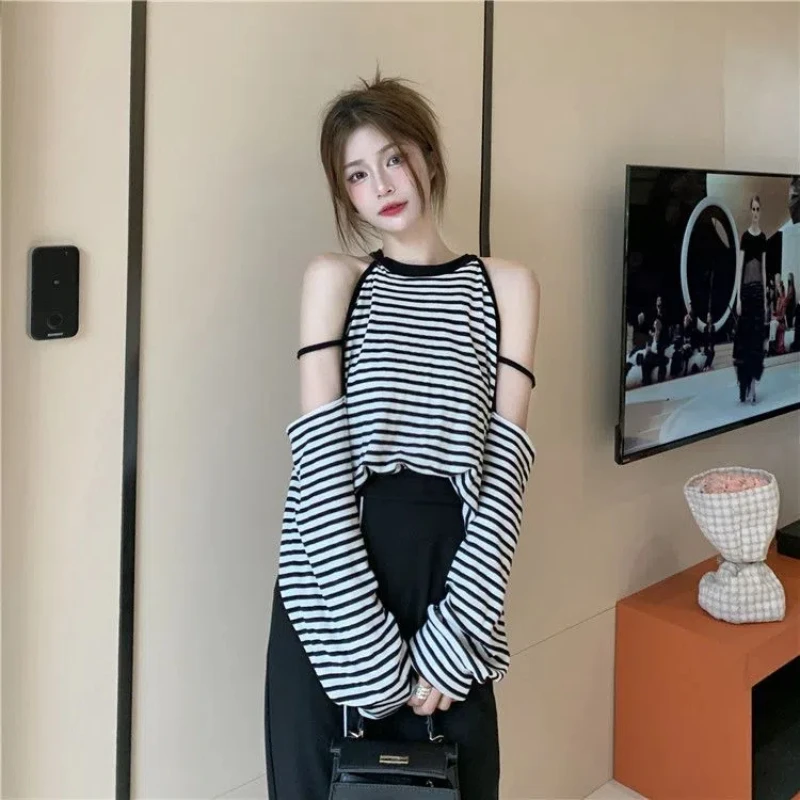 Summer Sexy Off Shoulder Long Sleeve T-shirt New Hollow Out Loose Striped Shirt Tops Korean Fashion and Trend Women Clothing