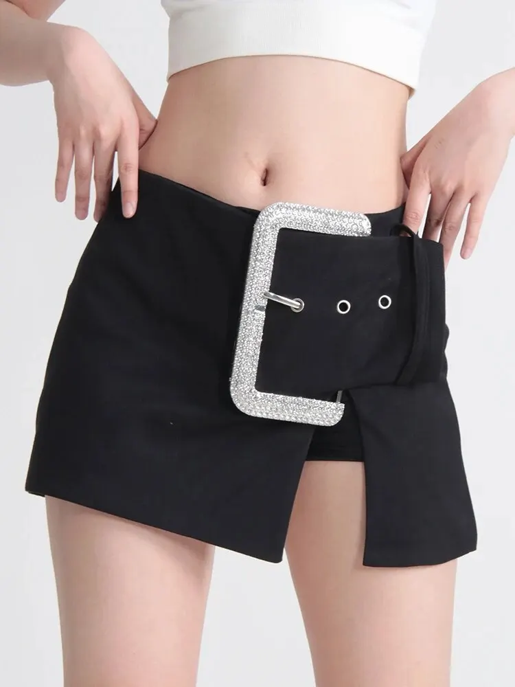 

Summer Split Mini Skirts High Waist Patchwork Diamond Decorative Belt Minimalist A Line Skirt Female Fashion Style Clothing New