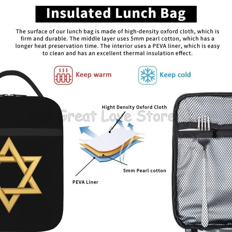 Davidster Print geïsoleerde lunchtas Herbruikbaar Lekvrij Draagbaar Oxford Thermische koeler Lunch Bento Box voor werk Reizen Picknick