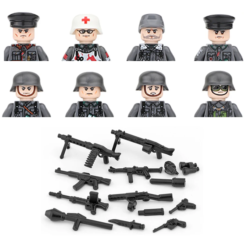 WW2 Military Building Blocks Single Sided Printing Solider Figures Gifts Weapons Guns Compatible MOC Mini Bricks Toys For Kids