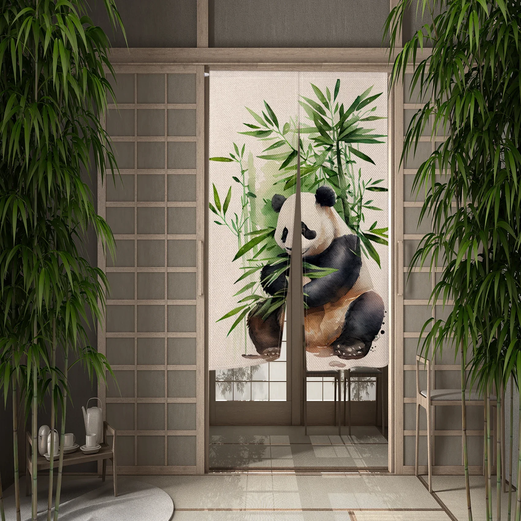 Cute Panda Japanese Door Curtain Panda Bamboo Painting Traditional Kitchen Room Partition Doorway Entrance Hanging Half-Curtains