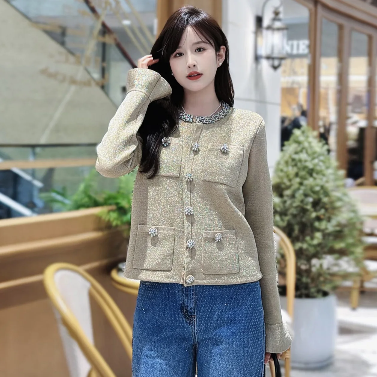 

Faionable round Ne Diamond Decorated Light Luxury Svel Top Coat with Four kets for Women Commute Sle Knitted