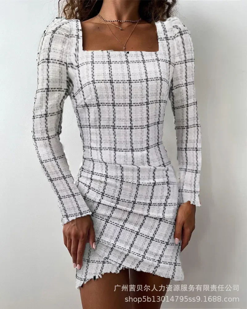 

Women Dresses Long Sleeve Slash Neck Dress Plaid Pullover Party Dress Vestidos Knee Length Sexy Wrap Buttocks Sheath 2023