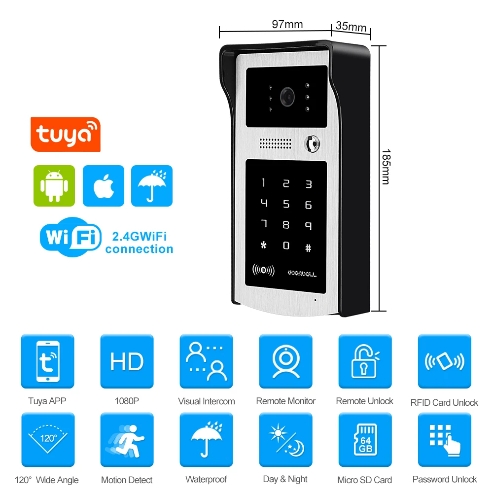 Système d\'interphone vidéo Tuya Smart WiFi, sonnette sans fil, caméra HD 1080P, interphone vidéo numérique, clavier à code RFID, mot de passe