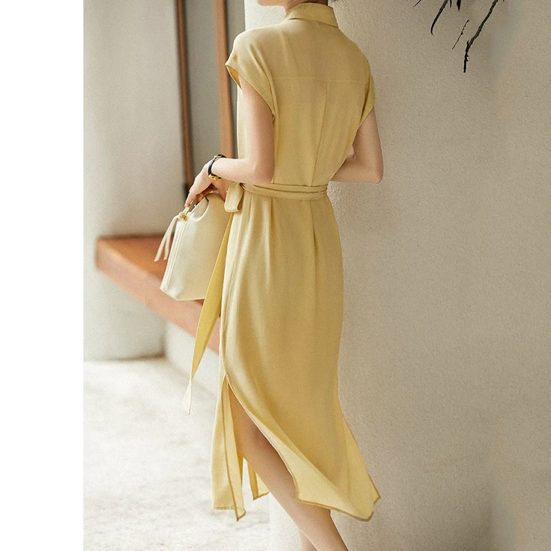 2022 Summer Lapel Women Single-breasted Shirt Dress Lace Up Korean Fashion Commuter Short Sleeve Office Lady Solid Midi Dresses