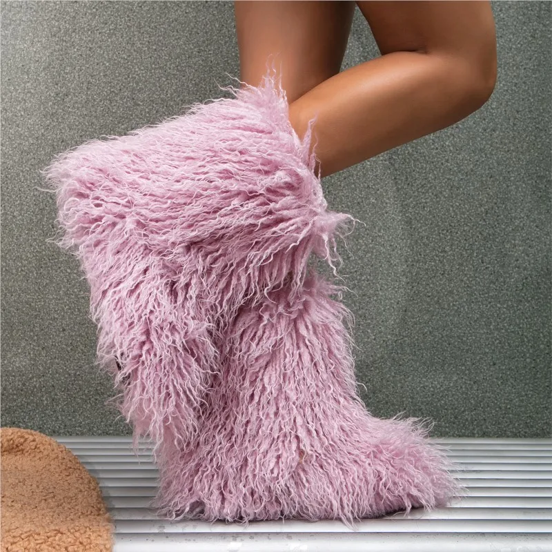 Women's Winter Fluffy Faux mongolian Fur Boots Woman Plush Warm Snow Boots Luxury Footwear Girls' Furry Fur Bottes Fashion Shoes