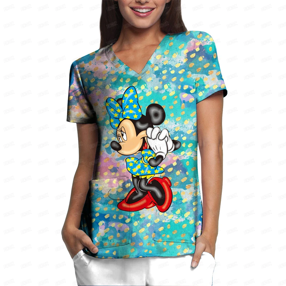 

Scrub Tops Women Short Sleeve V-neck Tops Nurse Uniform Disney Minnie Working Blouse Ladies T-shirts uniforme enfermera mujer