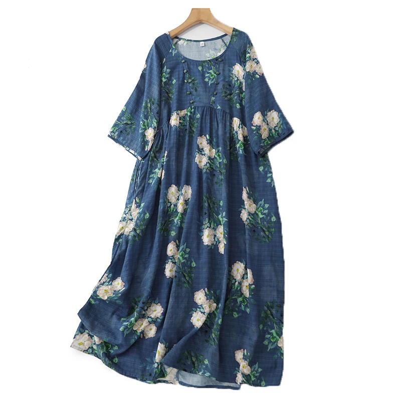 Elegant Indigo Peony Print Summer Vacation Dress Women's Cotton Floral Patterned Dress Casual Long Skirt Short Sleeve