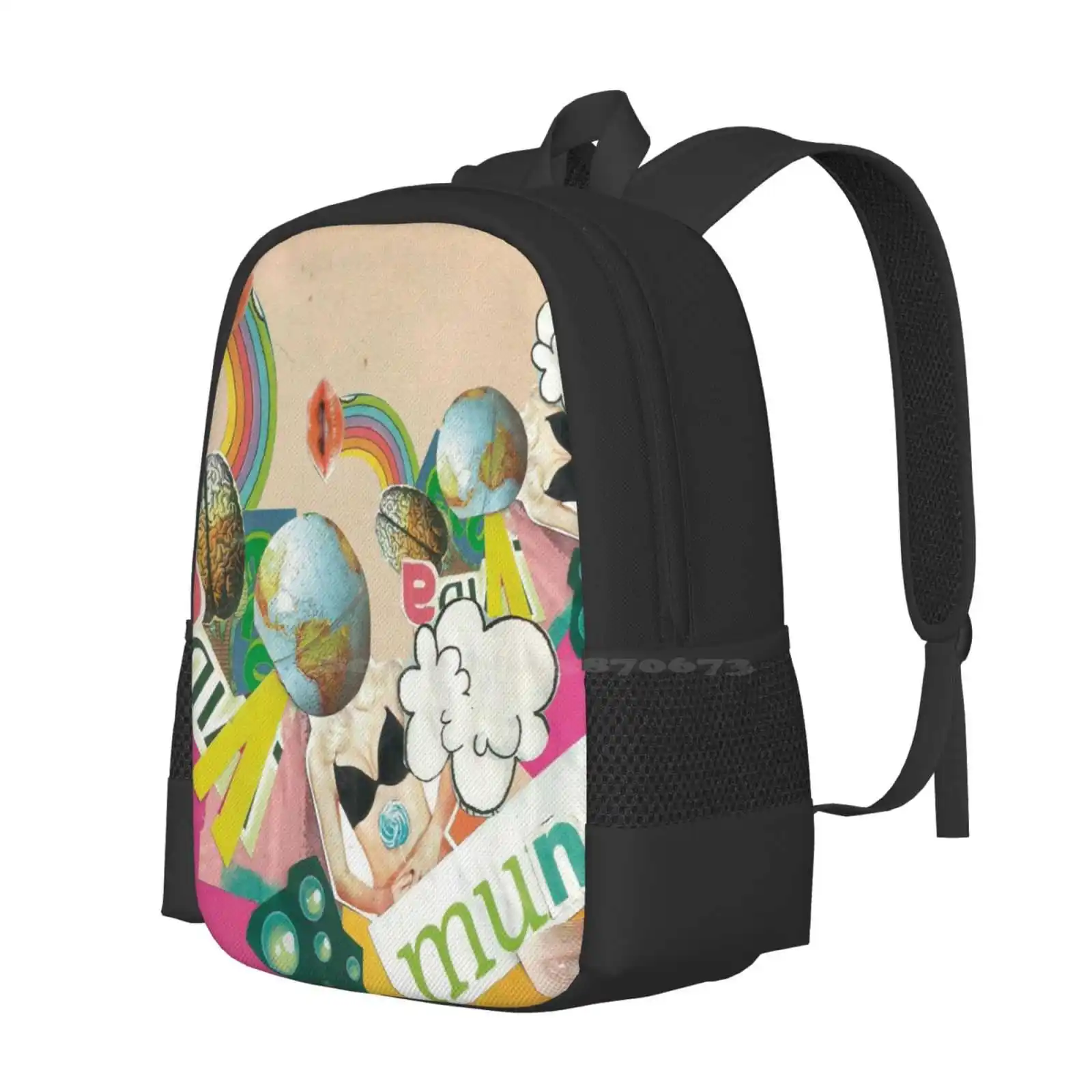 Collage Pop School Bag Big Capacity Backpack Laptop Collage Dadaismo Pop Art Color Nature Planet Woman Wainbow Green