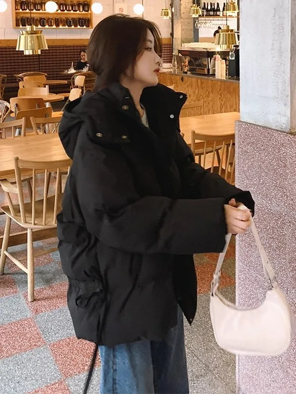 

Korean Style Women's down Cotton Jacket 2026 New Loose Mid-Length Thickened Winter Coat with Hat Regular Sleeve Long Zipper