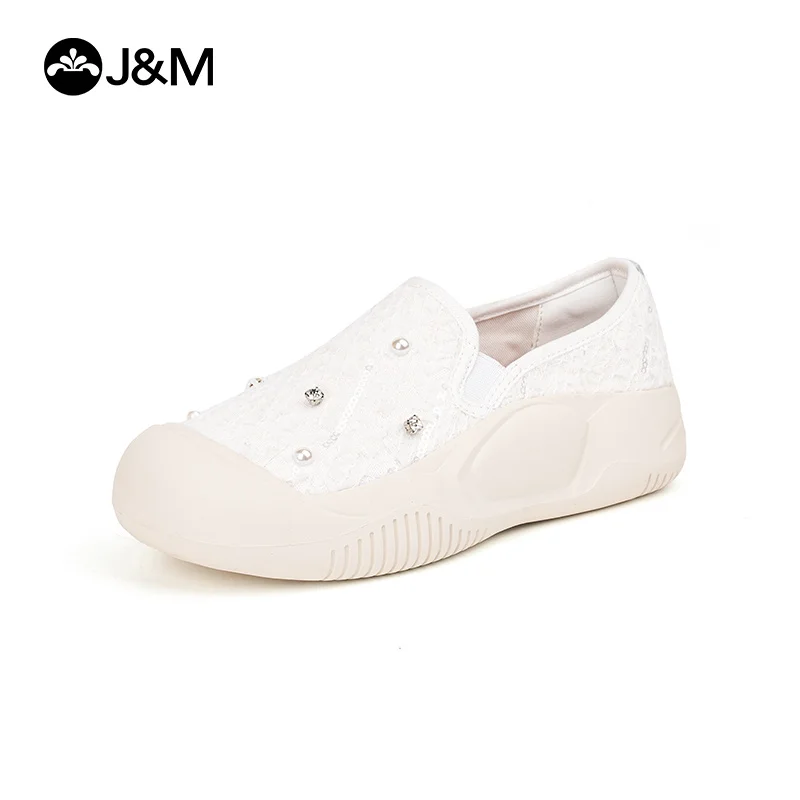 J & M-Mocassins à plateforme en dentelle pour femme, chaussures décontractées à enfiler, baskets noires et blanches, mode printemps et été 2024