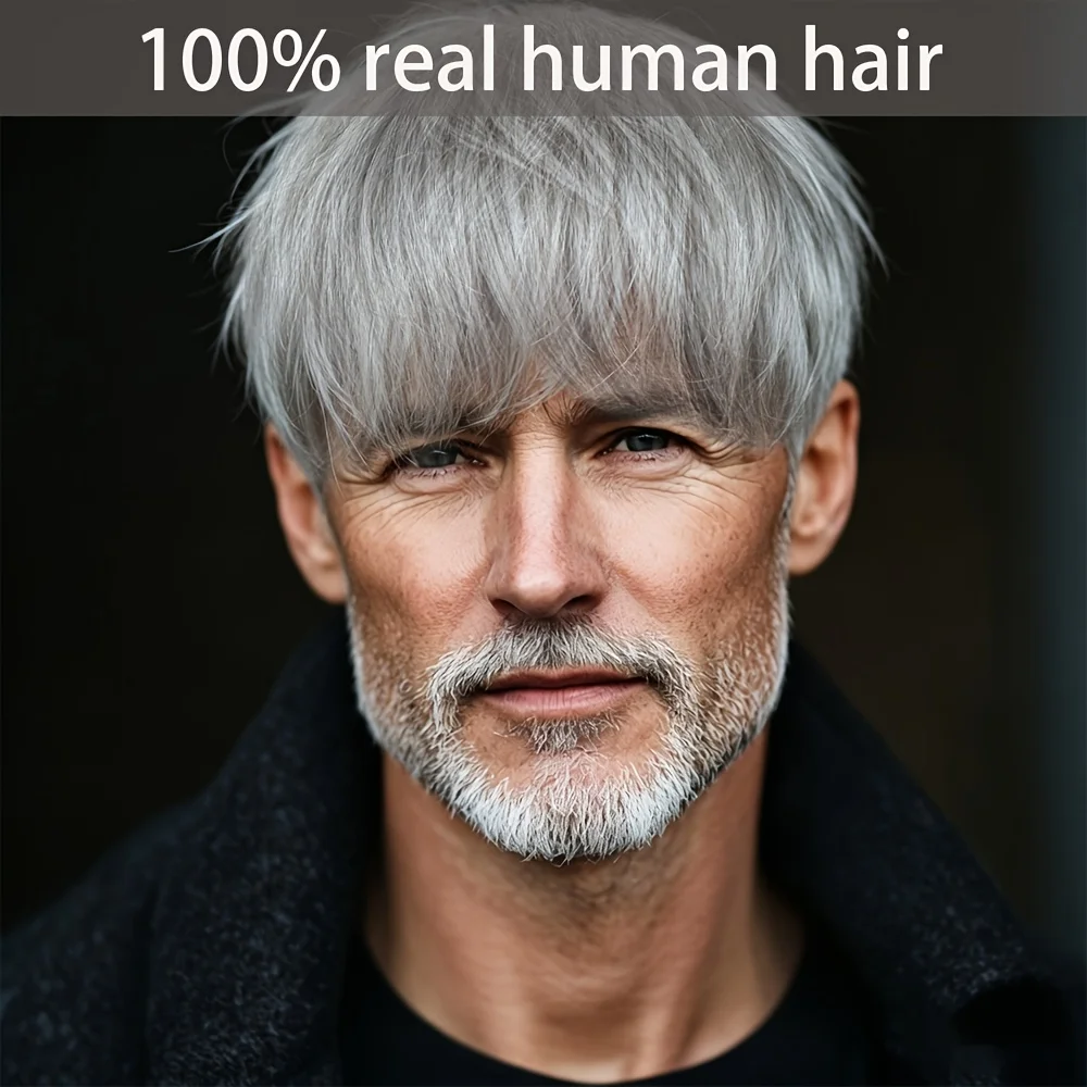 男性用ショートストレートシルバーグレーピクシーカット人毛ウィッグ（前髪付き）100％人毛シルバーグレーピクシーウィッグフルマシンメイドウィッグ