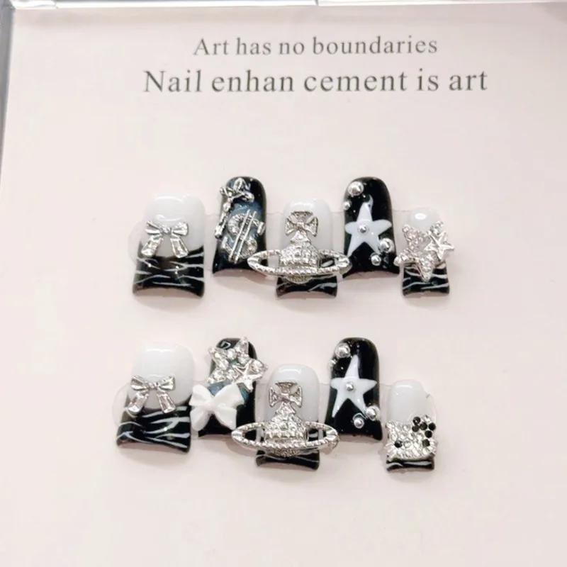 

10Pcs Handmade French Nail Tips Duckbill Black White Stars Press on Nails with Luxury Metal Bow Kitty Decorated Custom Nails